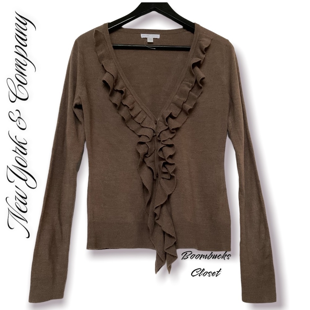 New York And Company Ruffle Cardigan Size Small Brown Tan